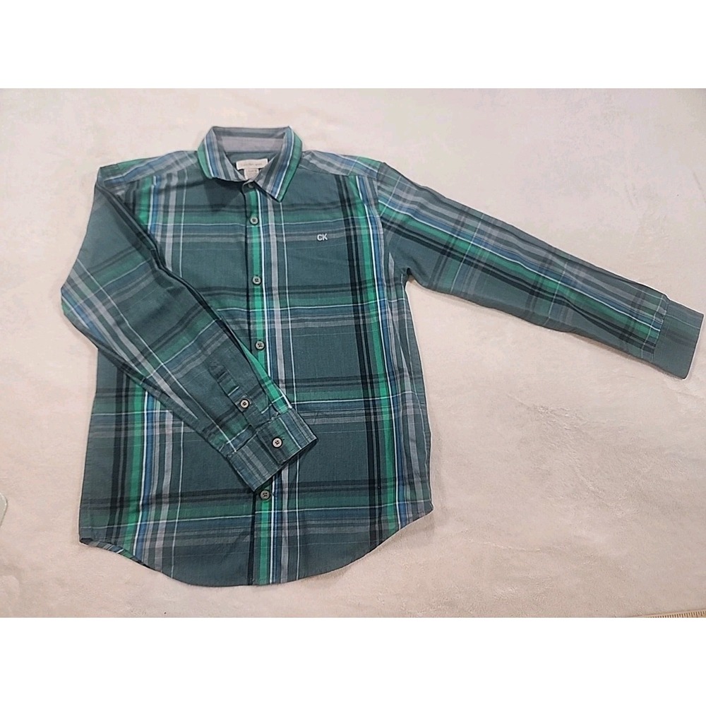 Calvin Klein Jeans Boys Button Up Long Sleeve Shirt‎ Green Plaid Large 14/16